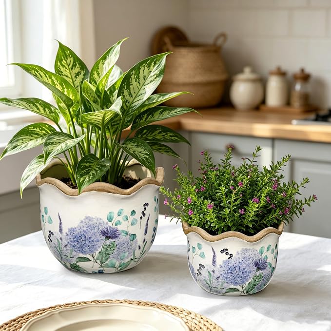 Hollyone 2 Pack Ceramic Planter Blue Vintage Ceramic Pot 5.5 + 6.6inch Decorative Flower Plant Pot with Drainage Hole Crackle Glaze for ndoor Outdoor Tuscan Decor Home Living Room Garden Decor
