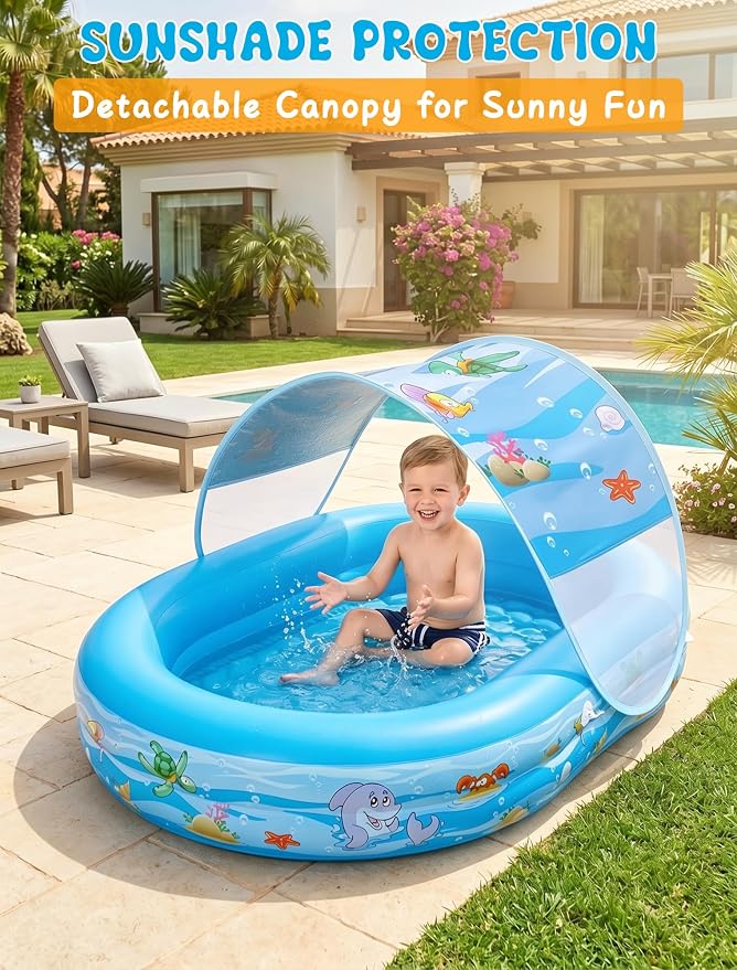 Inflatable Kids Pool with Canopy and Sprinkler 65" x 46", Kiddie Blow Up Pool with Shade Cover for Baby Swimming, Toddler Ball Pit for Backyard Water Fun Indoor Outdoor Summer Toys