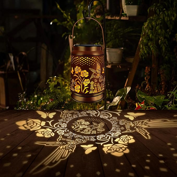 KY&BOSAM Rose Hummingbird Solar Lanterns Outdoor Waterproof Garden Decor | Retro Appearance ,Old Gold Color Metal Hanging Solar Lights Gifts for Women Mom Grandma Outside for Yard,Patio,Backyard,Porch