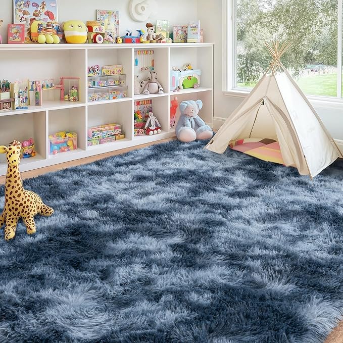 Large Area Rugs 9x12 Living Room, Ultra Fluffy Fuzzy Shag Rug for Bedroom, Modern Plush Soft High Pile Upgrade Non-Slip Carpet for Kids Girls and Boys Room Decor, Tie-Dyed Blue Grey