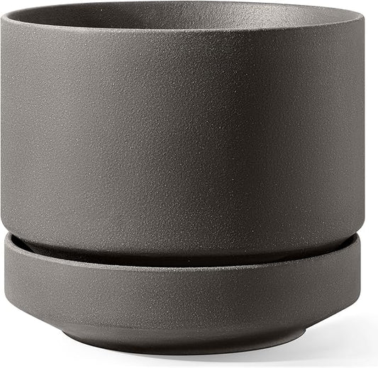 LE TAUCI 14 Inch Large Plant Pot with Saucer, Ceramic Outdoor & Indoor Big Planter with Drainage Hole, Mesh Pad Included, Unglazed Porous, Modern for Home and Patio, Charcoal Gray