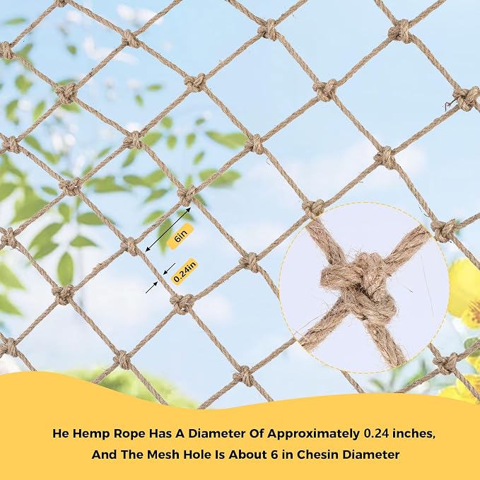 Jute Hemp Rope Net,Heavy Duty Natural Safety Rope Netting Balcony Stairs Fence Garden Playground Protection Net Indoor & Outdoor Decoration Rope Netting (6.5 FT x 16 FT-6mm)