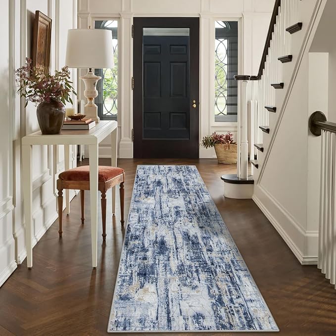 2'6''x8' Runner Rugs Washable Rug: Modern Abstract Hallway Blue Gold Carpet | Non-slip TPE backing makes this washable soft low-pile rug safe & durable, Pet-friendly decor for dining room,nursery,office