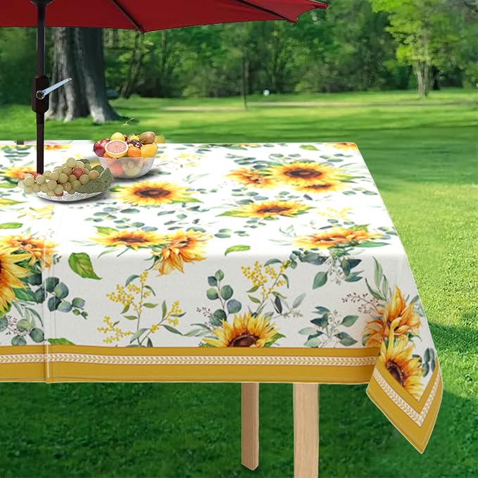 Outdoor Tablecloth with Umbrella Hole and Zipper, Rectangle Patio Table Covers for Spring/Summer, Machine Washable Outdoor Picnic Table Cloth (Sunflower, 60" × 84" Rectangular)