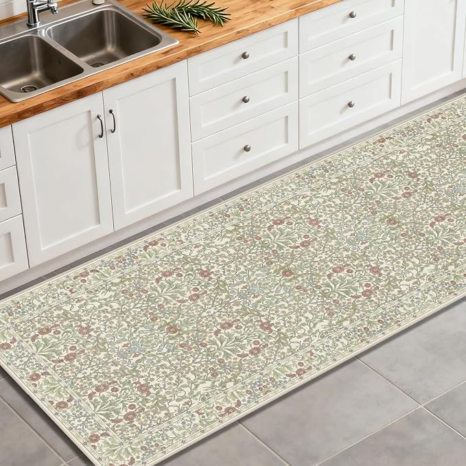 Washable 2'6" x 10' Runners for Hallways, Non Slip Long Floor Runner for Kitchen, Entryway Indoor, Stain Resistant Rubber Backing Floral Decor Rug (Light Green)