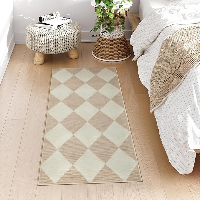 Beeiva Checkered Print Washable Runners for Hallways 2x4, Ultra Thin Beige Small Rugs for Entryway Low Pile Non Slip Bathroom Rug, Modern Geometric Decor Neutral Throw Rug for Kitchen Laundry Bedroom