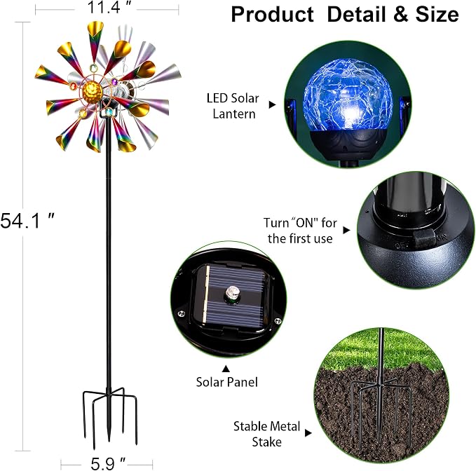 Solar Wind Spinner Outdoor Metal Garden Decor with Color LED Glass Ball | Kinetic Metal Wind Spinner Creates Colorful Yard Art With A Glowing Crackle Glass Ball For Garden, Patio, Lawn And Pathway
