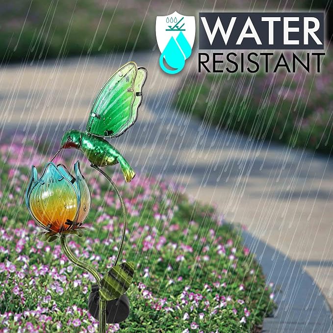 TERESA'S COLLECTIONS Glass Flower Bird Pathway Solar Outdoor Light for Garden Decor, 39'' Tulip and Hummingbird Metal Decorative Stakes Yard Art for Lawn Patio Porch Decorations, Gifts for Mom