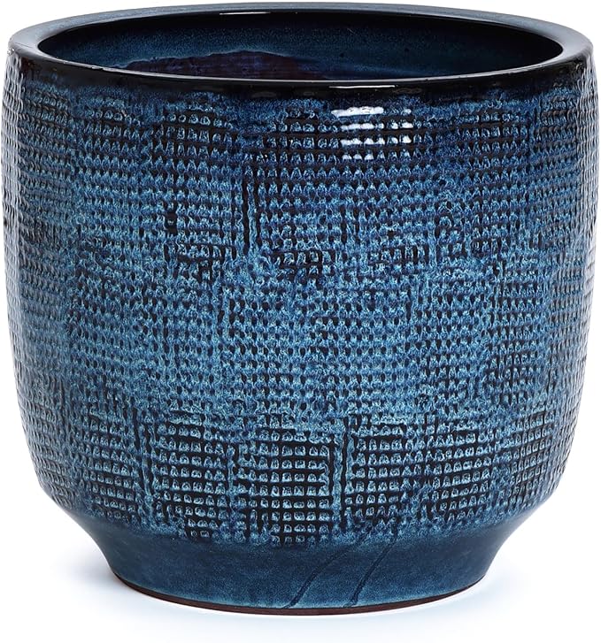 LuxenHome 15.75" Dia Large Ceramic Pots for Plants, Blue Glazed Planters for Outdoor Plants, Round Indoor Flower Pots with Drainage Hole and Rubber Plug for Home Garden Patio