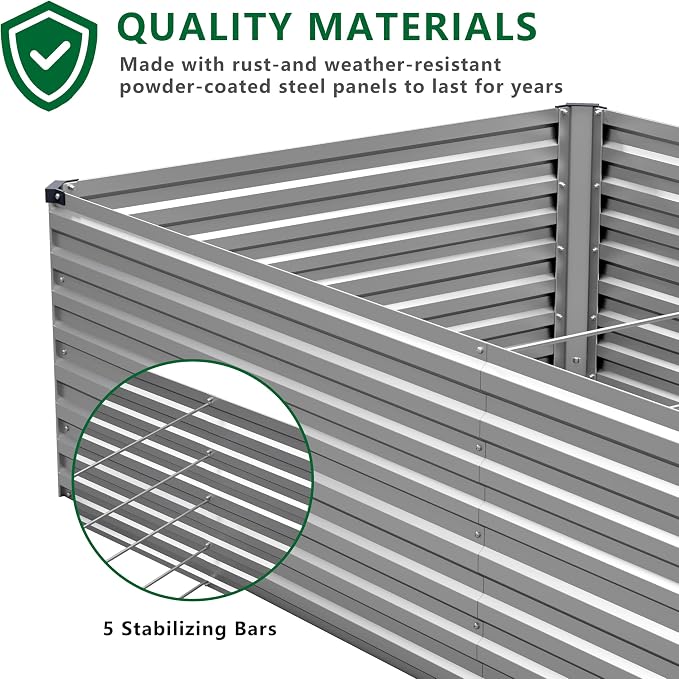 DIIYIV Galvanized Raised Garden Bed Kit Outdoor Patio,8x2x2ft Large Rectangular Metal Planter Boxes,Deep Root Box Planter for Gardening,Vegetables,Flowers,Herbs-Silver