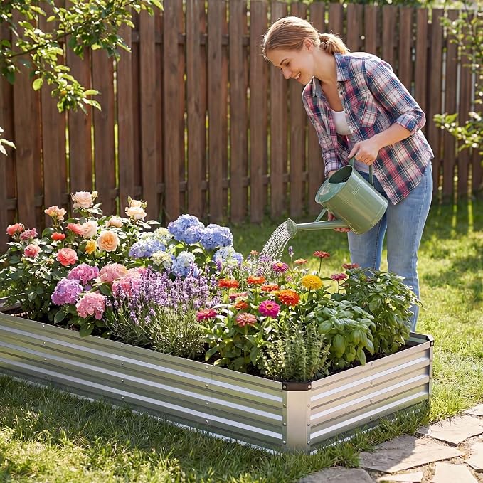 DUMOS Galvanized Raised Garden Bed Outdoor, 8x4x1ft Raised Metal Planter Box, Rust-Resistant Steel Garden Planter, Rectangular Gardening Flower Bed for Vegetables Flowers Herbs, Open Bottom