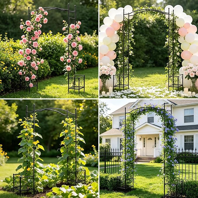 Metal Garden Arbors 93" Thickened Arch Trellis for Climbing Plants | Outdoor Arbor with Planter Box Rustproof Trellises Grapes Rose Wedding Arched Entrance Backdrop Stand Party Event Decoration