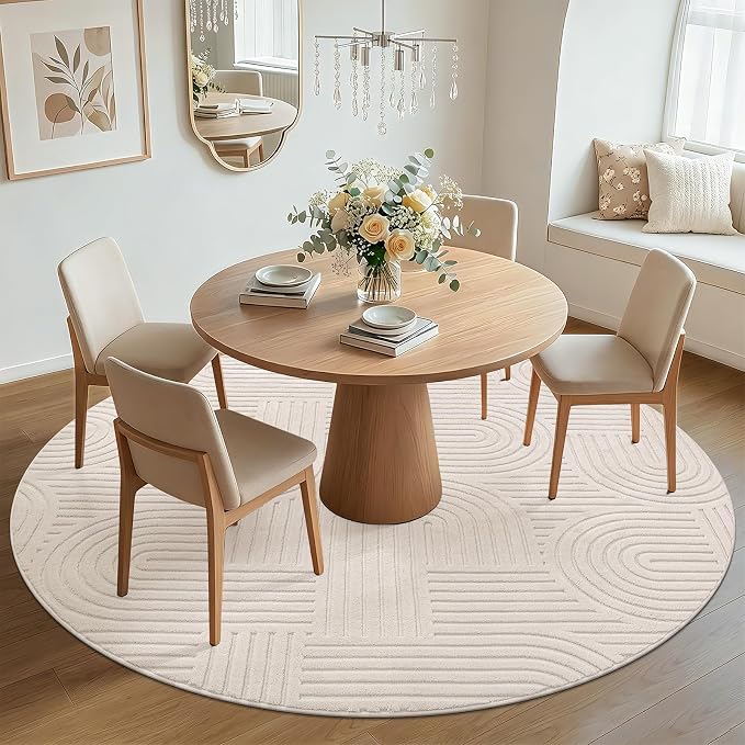 SHACOS Soft Cozy Fluffy Arch Pattern High Low Pile Round Rug 6ft Non Slip Washable Scandinavian Minimalist Area Rug Modern Geometric Carpet for Living Room Bedroom Dining Room Kitchen, Beige