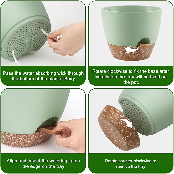 QRRICA Plant Pots 10/9/8/7.5/7 Inch Self Watering Pots, Set of 5 Plastic Planters with Drainage Holes and Saucers,Plastic Flower Pots,Nursery Planting Pot for Indoor Out Door Plants（Green）