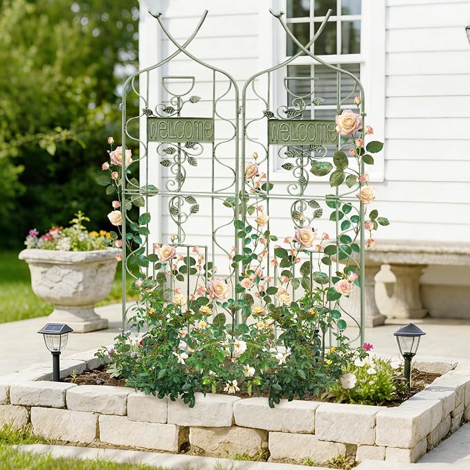 LZRS 2 Pack 59.5 * 18in Rustic Iron Arch Decoration Garden Trellis with Metal Coating – Perfect for Supporting Climbing Plants Outdoor, Roses, Vines, Flowers, and Vegetables, Antique Green