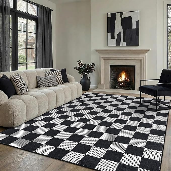 GarveeHome Checkered Black and White 6x9 Washable Rug Low-Pile for Bedroom | Non-Slip Black and White Soft Stain Resistant Rug for Bedroom Bathroom Living Room Geometric Modern Rug TPE Backing