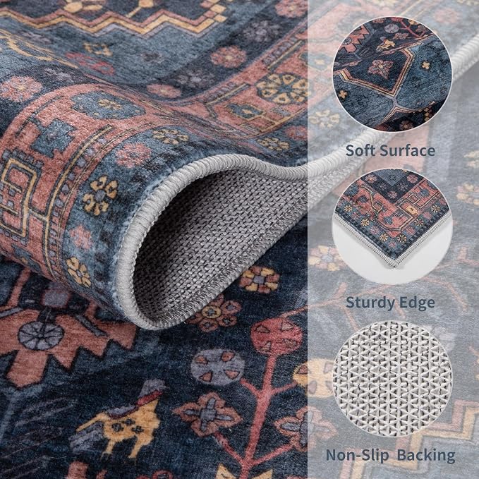 Ciicool Washable Non Slip Runner Rug,2x6ft Vintage Hallway Kitchen Rugs | Soft Oriental Indoor Mat Navy Boho Entry Carpet for Entrance Bedroom Bedside Living Room Laundry Bathroom Decor