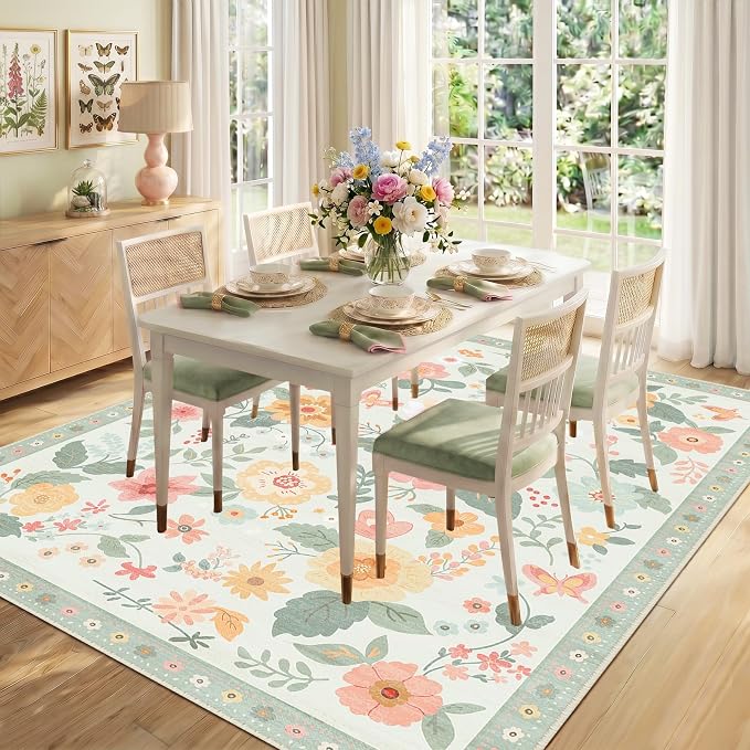 RELEANY Floral Washable 8x10 Area Rugs Beige/Green | Flower Carpet, Print, Boho, Non-Slip, Easy to Clean, Soft, Low Pile for Living Room Bedroom Kitchen Office Entryway Hallway