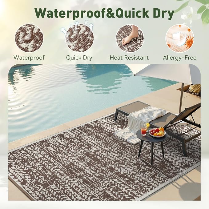 MontVoo Outdoor Rug Waterproof-Patio Rug Mat 6x9 Outdoor RV Camping Picnic Beach Mat Plastic Straw Rugs Outside Outdoor Area Rugs for Balcony Deck Backyard Brown