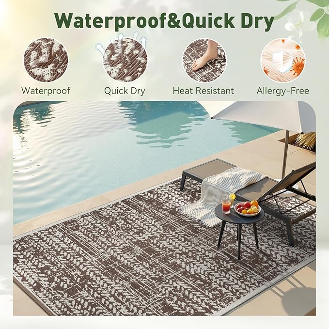 MontVoo Outdoor Rug 8x10 Waterproof-Patio Rug Mat Outdoor RV Camping Picnic Beach Mat Plastic Straw Rugs Outside Outdoor Area Rugs for Balcony Deck Backyard Brown