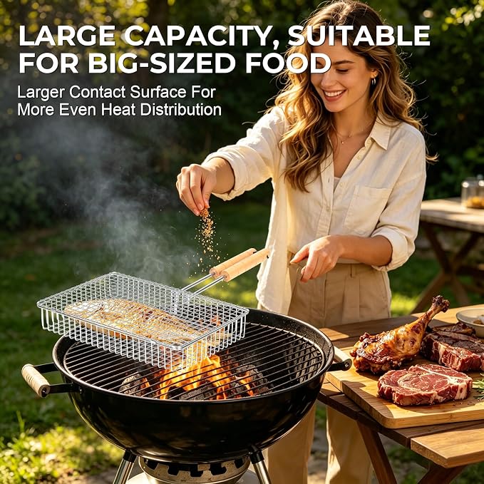 Grill Baskets for Outdoor Grill,Removable Wooden Handle and Divider Panel,BBQ Accessories for Grilling Fish,Veggies,Shrimp,Meat,Premium 304 Stainless Steel,Grilling Tools for Outdoor Cooking & Picnics,Gifts for Father’s Day,Birthday,Festival,Anniversary