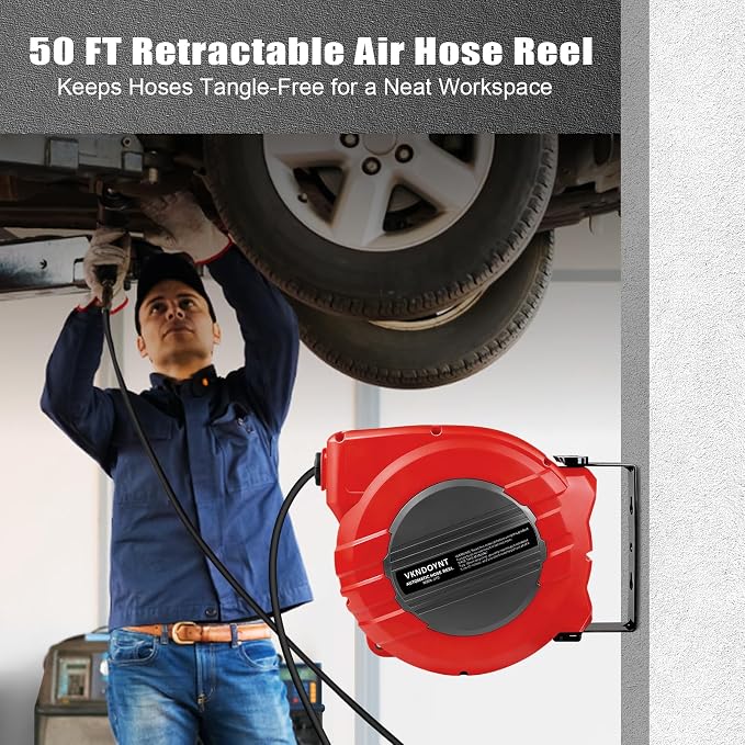 Vkndoynt Retractable Air Hose Reel, 1/4 IN x 50 FT Hybrid Polymer Hose, Auto Rewind, Wall Mount, Dark Gray/Red