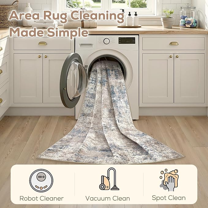 Nakagishi 5X7 Abstract Washable Area Rugs for Living Room-Blue Brown | Modern Non-Slip Silicone Backing Low Pile Soft Carpet for Bedroom Dining Decor Ideal for Families with Kids and Pets