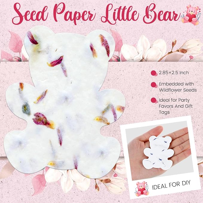 Dunzoom 50 Pcs Handmade Seed Paper Plantable Wildflower Seed Paper Recycled Flower Petals Tags Wedding Favors for Guests Craft Gifts Cards for Envelope Birthday Party, 5 Styles (Bear)