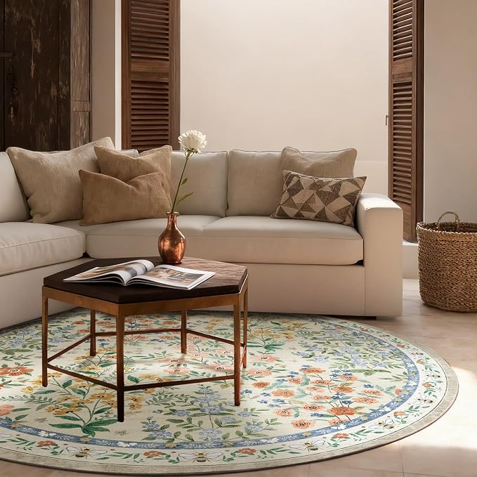 Washable Round Rugs for Bedroom 4ft: Living Room Rug Stain Resistant Non Slip Low Pile Ultra Soft Faux Wool Small Circle Rugs for Entryway Kitchen Bathroom Nursery Dorm Home Office Entrance Indoor