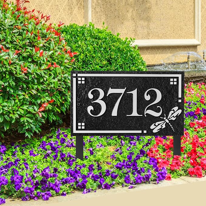 House Address Sign Address Plaque for Outside Custom Street Name Address Sign House Number with Lawn Stake (Black/Silver)