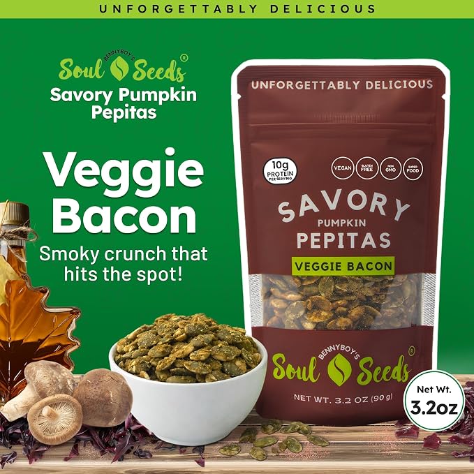 Soul Seeds Veggie Bacon Pumpkin Seeds – Organic Pepitas with Shiitake Mushroom, Nutritional Yeast, Dulse Seaweed, Tamari & Maple, Smoky Sweet Vegan Snack, Crunchy Seed Topping, 3.2 oz