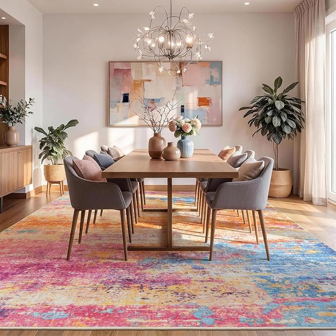 8x10 Area Rug for Living Room, Abstract Washable Larg Rugs, Multicolor | Neutral Modern Carpet for Bedroom, Dining Room, Home Office Nursery Indoor, Stain Resistant, Low Pile, Non-Shedding Rug