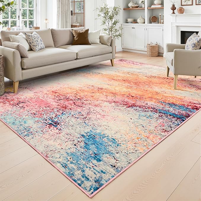 Toneed Washable 5x7 Galaxy Pink Area Rug with Non-Slip Backing for Living Room