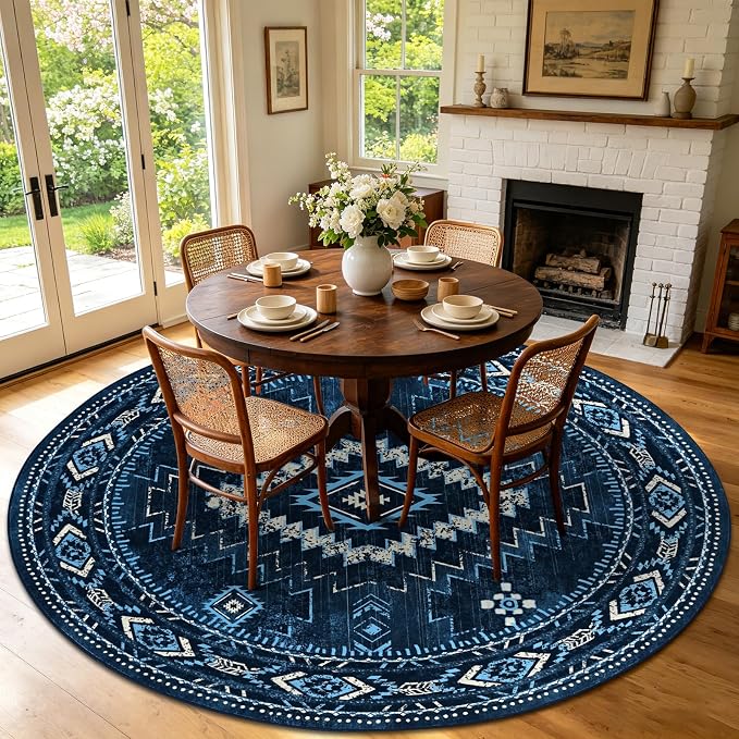 Yinhua 6ft Round Rug Washable, Western Circle Area Rug Non Slip | Navy Blue Aztec Rugs Low Pile, Soft Stain Resistant Carpet for Dining Room Table Nursery