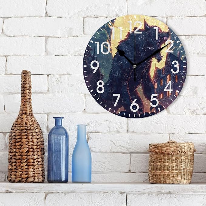 ALAZA Home Decor Wolf Moon House Round Acrylic 9.84 Inch Wall Clock Non Ticking Silent Clock Art for Living Room Kitchen Bedroom