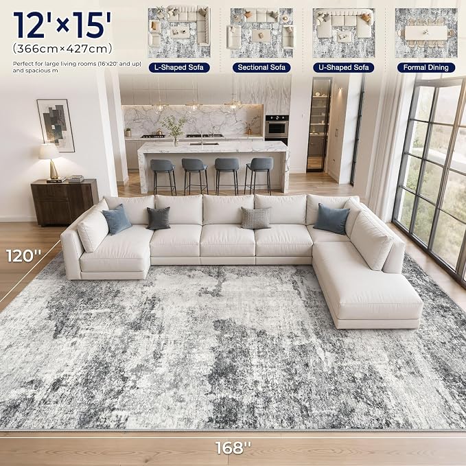 DMOYEST 12x15 Area Rug for Living Room Washable Abstract Indoor Carpet | Neutral Modern Low Pile Rugs Kid & Pet Friendly Large Soft Thin Carpet for Bedroom Dining Room - Grey