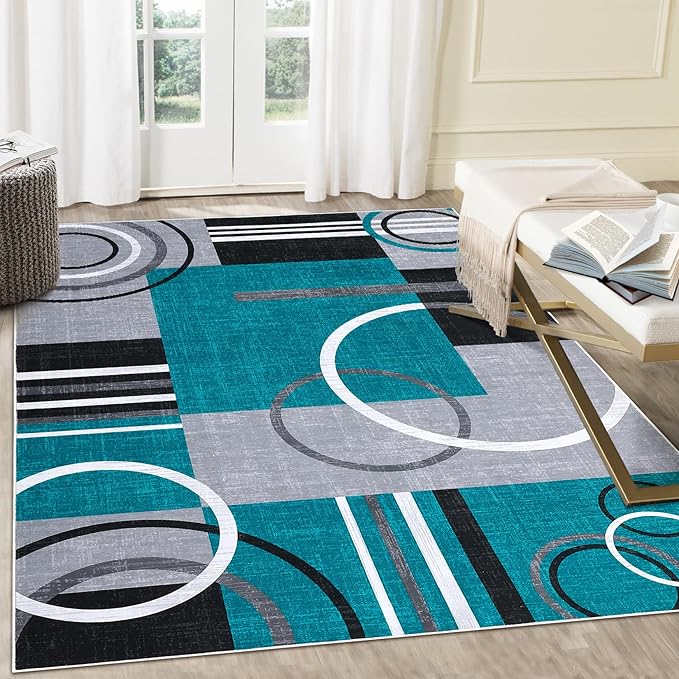 RUGSREAL Washable Rug 6x9 Abstract Circles Area Rugs Non Slip Floor Carpet | Contemporary Stain Resistant Soft Rug Low Pile Accent Rugs for Indoor Living Dining Room