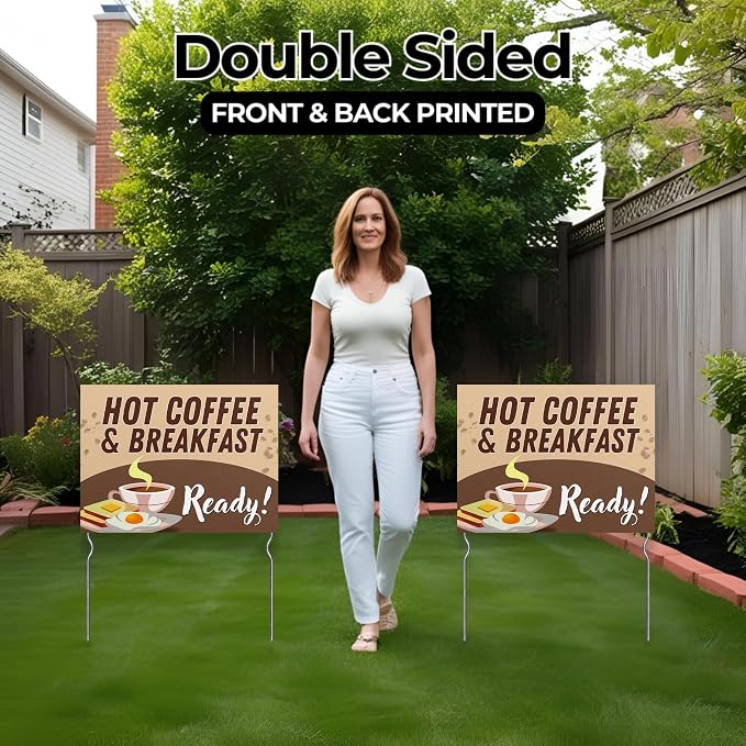 Hot Coffee & Breakfast Ready! Yard Sign by DC | 24"x18" Double Sided Conv. Store Garden Sign with 13” Metal Stakes | Outdoor Signs Waterproof for Lawn, Patio, Sidewalk & House | Set of 4 | Made in USA