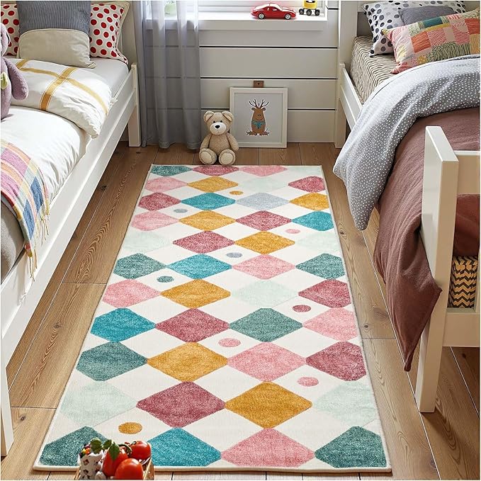 jinchan 2x6 Runner Rug Colorful Washable Kids Rug Playful Hallway Confetti | Soft, Non-Slip, Cute, Fun, Unique, Kid-Friendly, Checkered Diamond, Cream Background, Nursery, Bedroom, Kitchen, Laundry Room