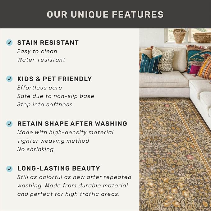 Brown 2'6" x 8' Runners for Hallways Non Slip, Extra Long Floor Runner for Kitchen, Entryway Indoor, Washable Rubber Backing Stain Resistant - Soft Boho Vintage Gold Brown Floral Décor