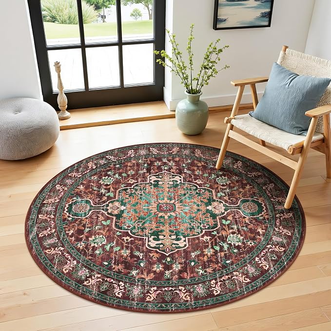 U'Artlines Boho Round Area Rug 4ft Machine Washable Carpet, Rust＆Teal | Vintage, Low Pile, Non Slip, Ultra-Thin Soft Floor Carpet, Circle, Accent Rug for Living Room Bedroom Dining Room Office