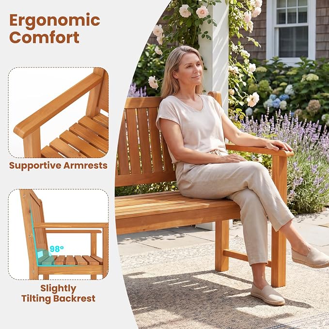 Tangkula 2-Seater Outdoor Wooden Bench, Garden Loveseat Bench with Backrest, Armrests, Slatted Seat, Loads up to 660 LBS, Fir Wood Bench Seating for Porch, Backyard, Deck, Poolside (45.5",Natural)