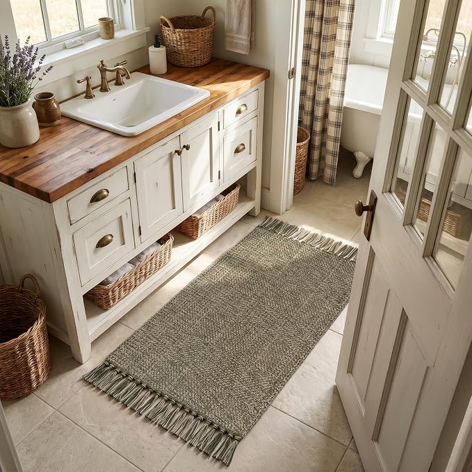 Boho Moss Green Kitchen Runner Rug, 2' x 4.3' Washable Bathroom Rug | Modern Farmhouse Braided Bathroom Mat, Boho Washable Front Door Mats Reversible Entry Carpet for Laundry Bedroom Porch Decor