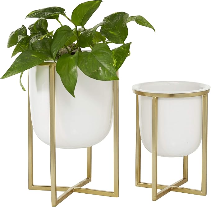 CosmoLiving by Cosmopolitan Metal Indoor Outdoor Planter Dome Small Planter Pot with Gold X-Shaped Stands, Set of 2 Planters 12", 10"H, White