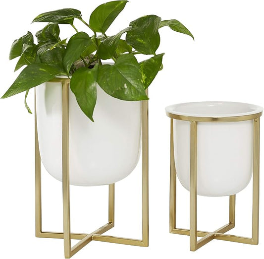 CosmoLiving by Cosmopolitan Metal Indoor Outdoor Planter Dome Small Planter Pot with Gold X-Shaped Stands, Set of 2 Planters 12", 10"H, White