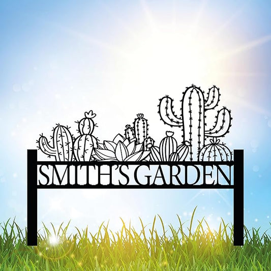 Customized Cactus Metal Garden Sign with Stakes, Garden Decoration Metal Sign, Personalized Gardener Family Name Sign, Cactus Yard Decor, Patio Decorative, Lawn Art, Farmhouse Garden, New Home Gift