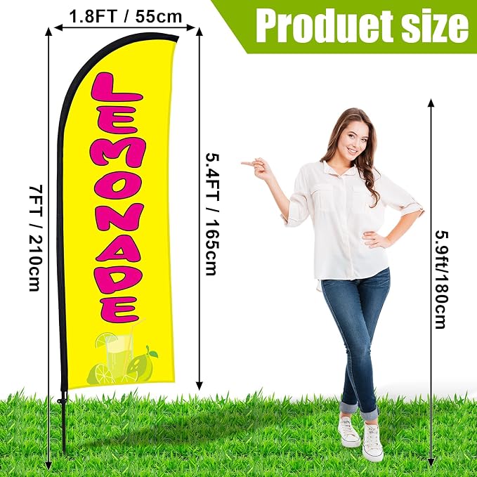 Buryeah Lemonade Feather Flag for Business Advertising 7x5.4ft Feather Flag Sign with Flagpole Ground Stake Portable Bag Lemonade Themed Banner with Rope for Outside Garden Business Party(Yellow)