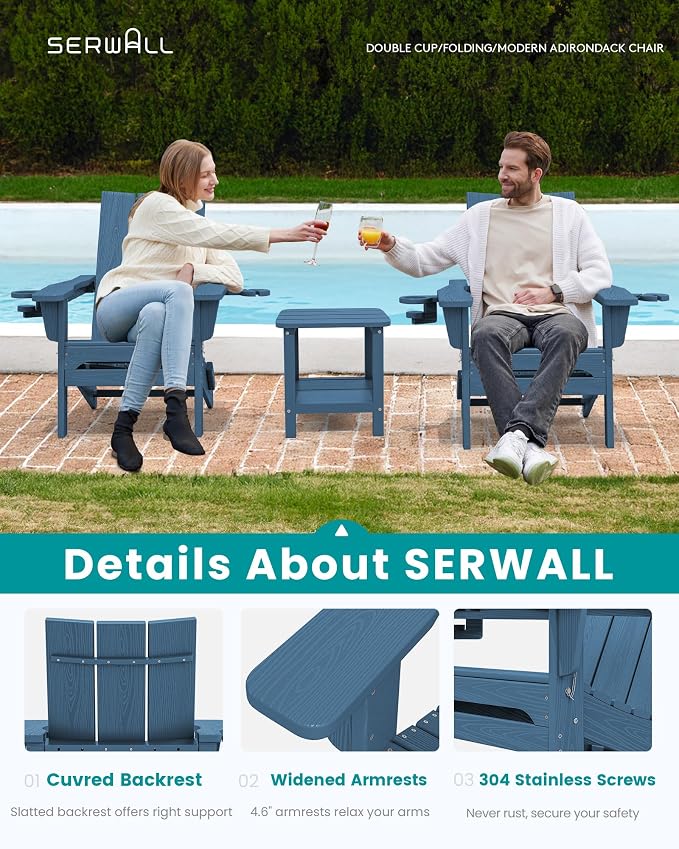 SERWALL Modern Folding Adirondack Chair Set with 9 Ft Umbrella, Folable Adirondack Chairs Set of 2 with Cup Holders, HDPE Fire Pit Chairs for Patio Lawn Garden, Blue (Umbrella Base is not Included)