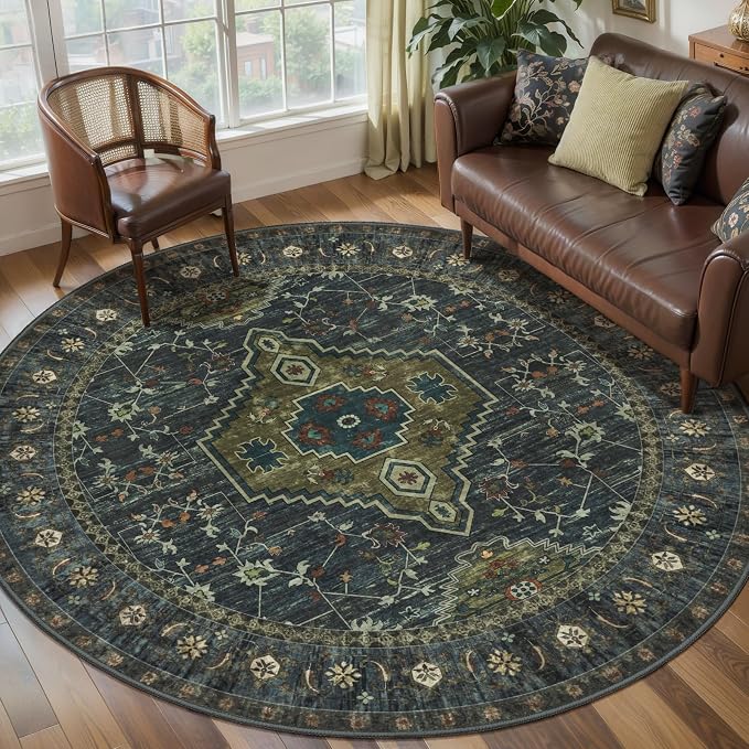 Tangsoo Green Round Area Rugs 5ft, Washable Oriental Non Slip Circle Rug | Vintage Low Pile Circular Rugs, Boho Round Carpet for Living Room Dining Room Bedroom Nursery Office Olive Green Home Decor