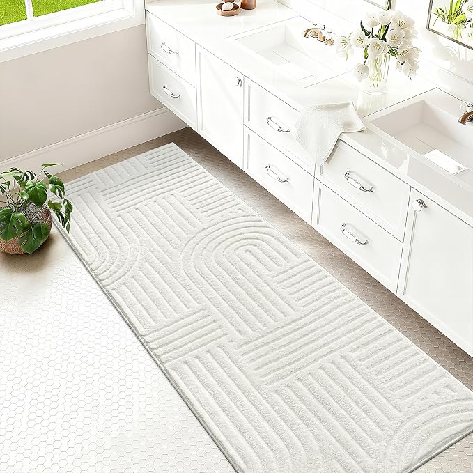 SHACOS Soft Cozy Fluffy Arch Pattern High Low Pile Runner Rugs 2'x8' Non Slip Washable Scandi Minimalist Area Rug Runner Modern Carpet for Living Room Bedroom Bathroom Hallway Kitchen, Cream White